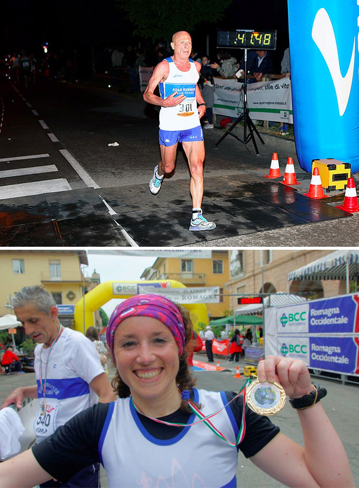 Il nostro nuovo, fortissimo socio Aldo Borghesi all'arrivo della Run in Seveso. Sotto: l'immancabile sorriso di Laura Colucci illumina Roberto Elli all'arrivo della 50 Km di Romagna.